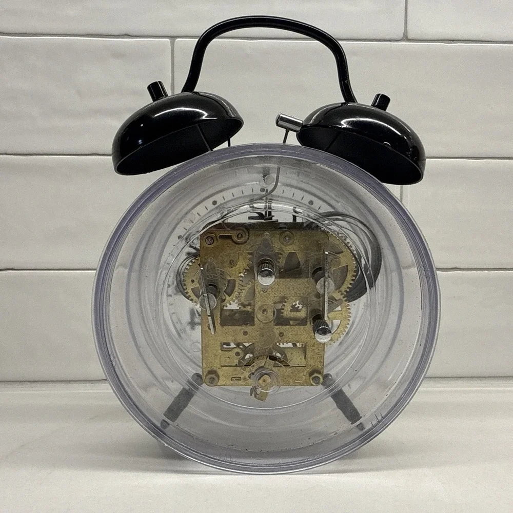 Vintage Wind Up Skeleton Alarm Clock Clear Acrylic Case Twin Bell Mechanical HTF